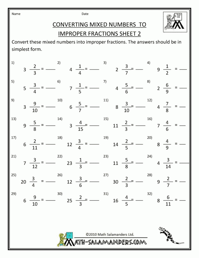 Subtraction worksheet for Fourth Grade Kramster eagerly awaits his share of pellets while solving improper fractions to mixed numbers. Worksheet on converting improper fractions for fourth graders in subtraction.