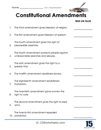 Fourth grade students completing a U.S. Constitution amendments quiz worksheet