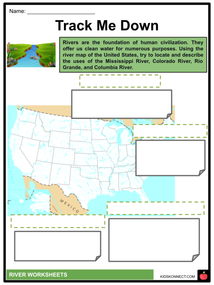 Second grade students solving multiplication problems to identify and label major U.S. rivers on a map worksheet