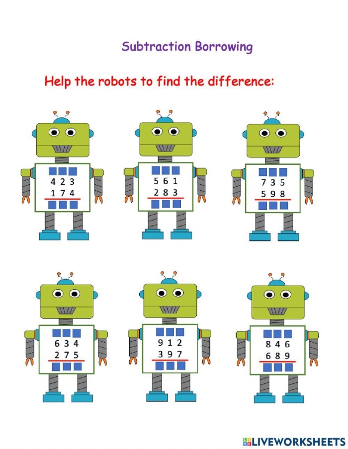 Worksheet featuring borrowing in two-digit subtraction problems for second graders