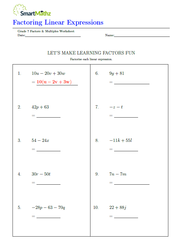 Seventh grade student working on a worksheet about expanding and factoring linear expressions
