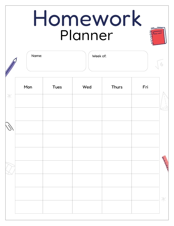 Weekly homework planner image to assist busy students in managing their schedule Homework Planner worksheet for second graders to organize their weekly tasks