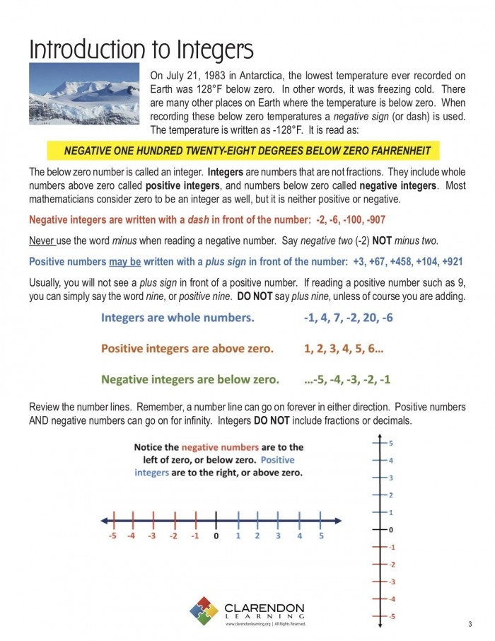 Sixth grade math worksheet explaining the concept and usage of positive and negative integers
