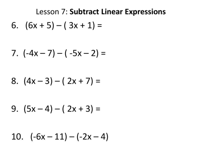 A one-page practice sheet for subtracting linear expressions Worksheet for practicing the subtraction of linear expressions in seventh-grade mathematics
