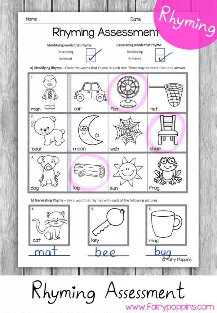 Rhyming Words Assessment Activity for Kindergarten Students Pre-K student completing a rhyming knowledge assessment worksheet with picture matching exercises
