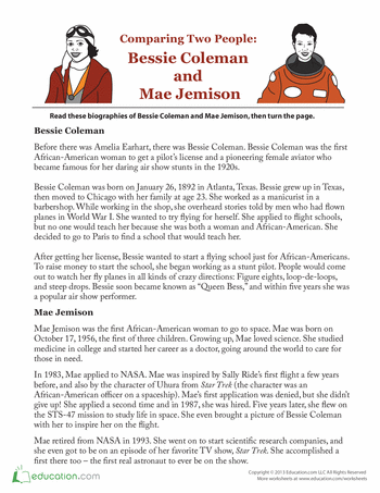 Venn diagram worksheet comparing Bessie Coleman and Mae Jemison for fourth-grade students