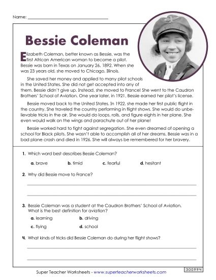 Comparison of Bessie Coleman and Mae Jemison using a Venn diagram on a worksheet