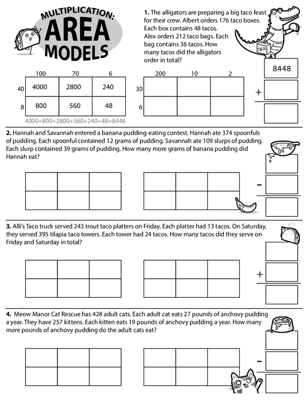 Bicycle Multiplication Area Models worksheet for fourth graders Students working on a Bicycle Multiplication Area Models worksheet to solve word problems