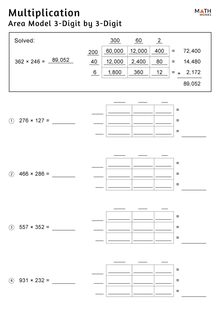 Engaging multiplication practice using area models in a bicycle-themed worksheet Bicycle Multiplication Area Models worksheet for fourth graders featuring problem-solving with area models