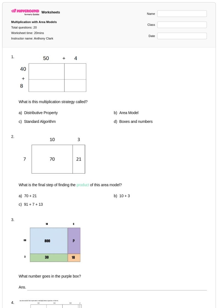 Second image of a worksheet featuring area models for multiplication exercises Bicycle multiplication area models worksheet for fourth graders solving problems
