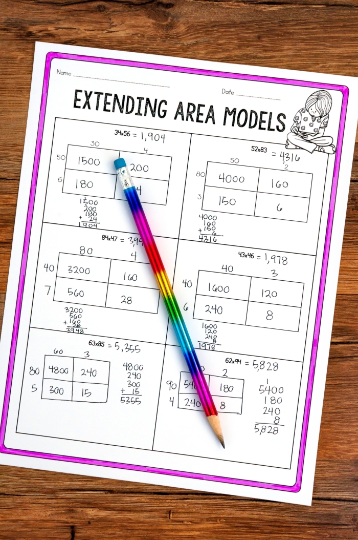 Engaging area models activity for solving multiplication challenges in the classroom Bicycle Multiplication Area Models worksheet for fourth graders helping with multiplication word problems