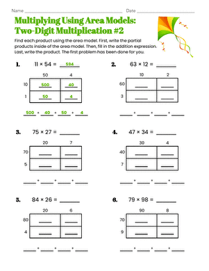 Engaging multiplication practice for kids using area models in this worksheet Bicycle Multiplication Area Models worksheet for fourth graders featuring word problems and visual models