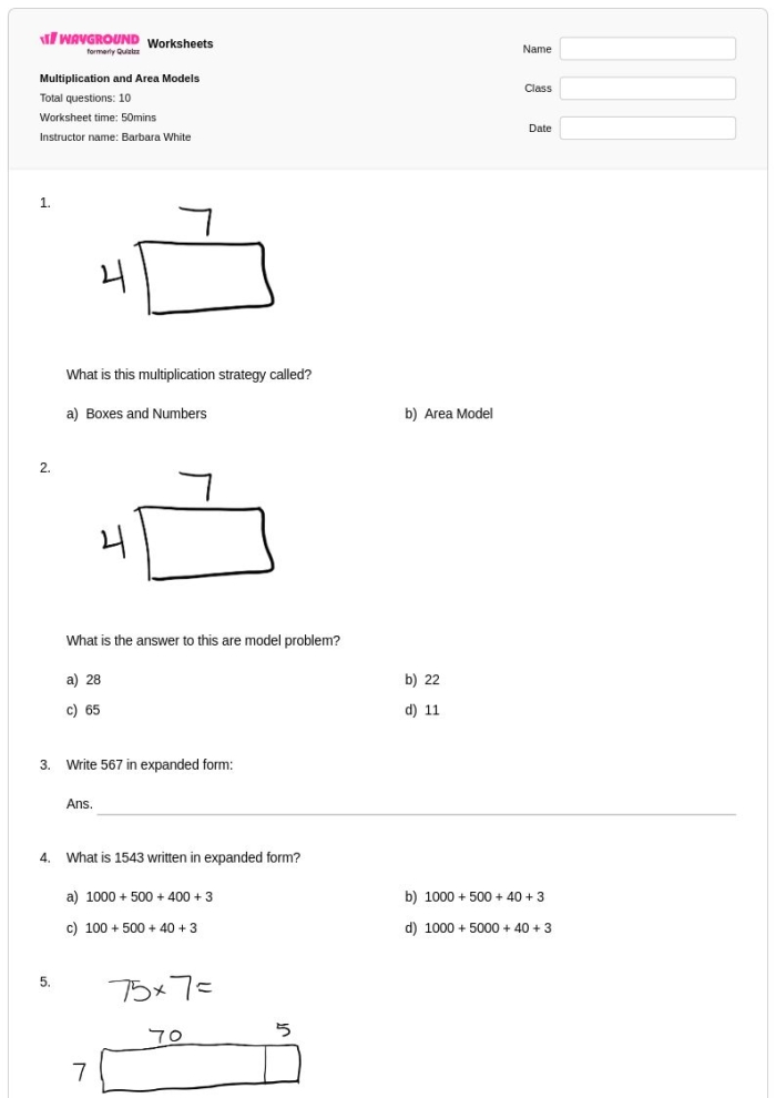 Bicycle Multiplication Area Models Worksheet for Fourth Grade Students Children solving multiplication problems with area models in a classroom worksheet