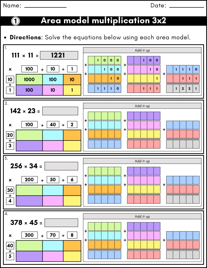 Illustration of a multiplication worksheet featuring area models with bicycles Bicycle Multiplication Area Models worksheet for fourth graders to practice word problems