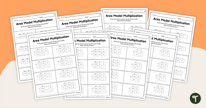 Worksheet image illustrating area models for multiplication problems aimed at fourth-grade students Bicycle Multiplication Area Models worksheet for fourth graders featuring engaging word problems