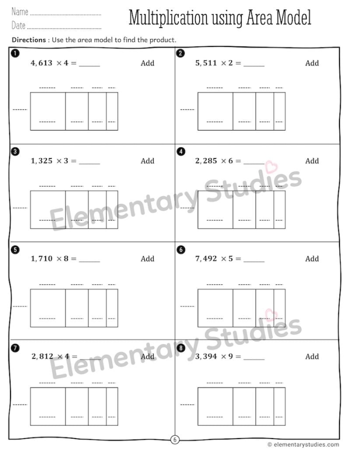 Interactive worksheet image for solving multiplication using area models in a fun way Bicycle Multiplication Area Models worksheet for fourth graders featuring engaging word problems