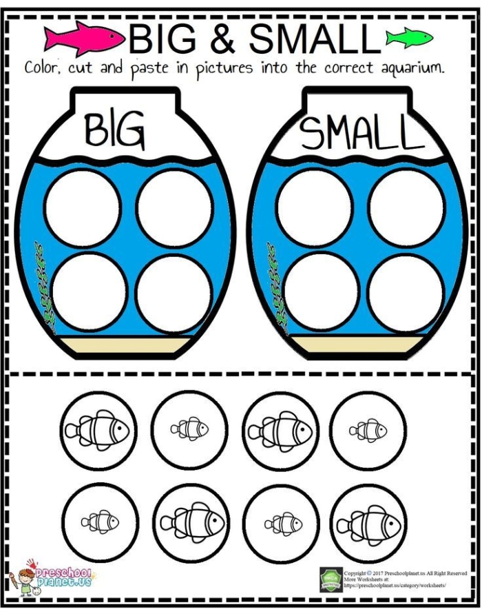 Worksheet showing various items for kids to classify as big or small