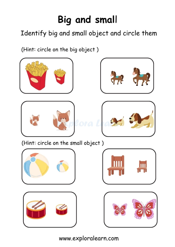Worksheet image illustrating the concept of big and small items for preschoolers