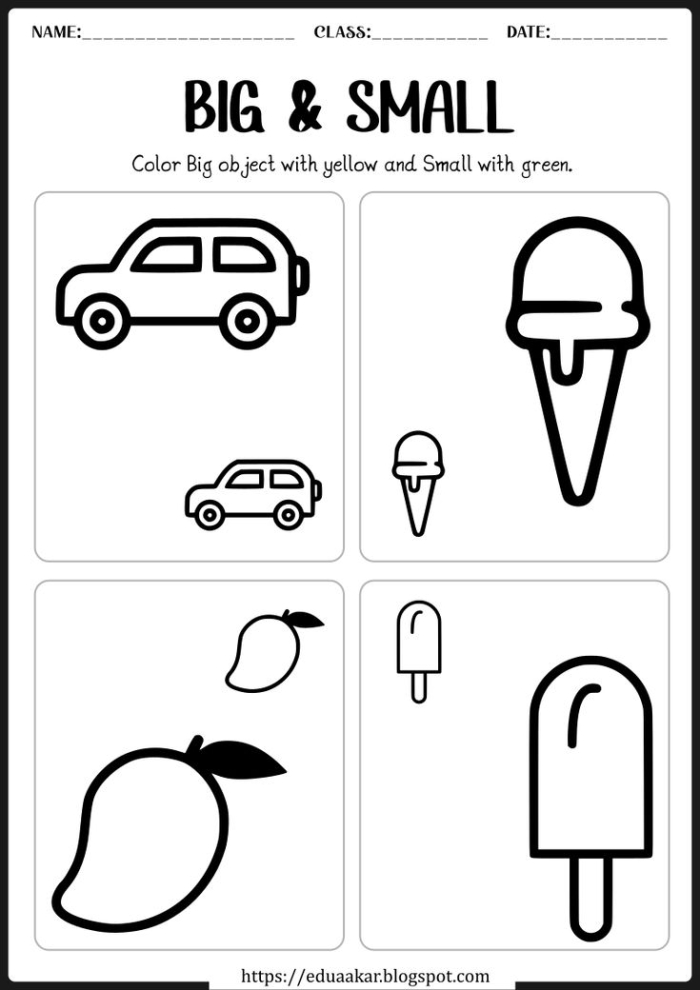 Worksheet featuring various items for kids to identify as big or small