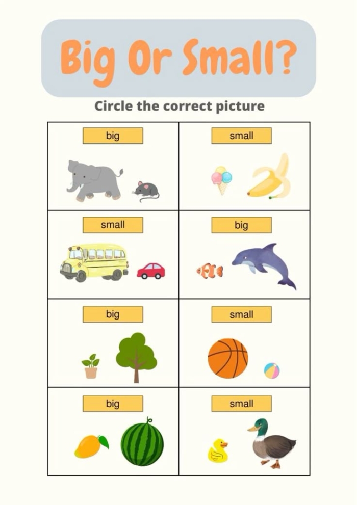 Worksheet for Pre-K children to identify big and small items in various shapes and sizes