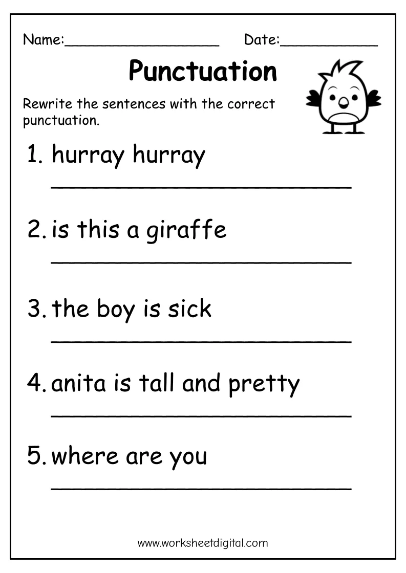 Bigfoot Grammar Practice Activity for Young Learners Number 13 A second grade student completing a Bigfoot punctuation worksheet by adding periods, question marks, and commas to sentences about a mysterious forest creature