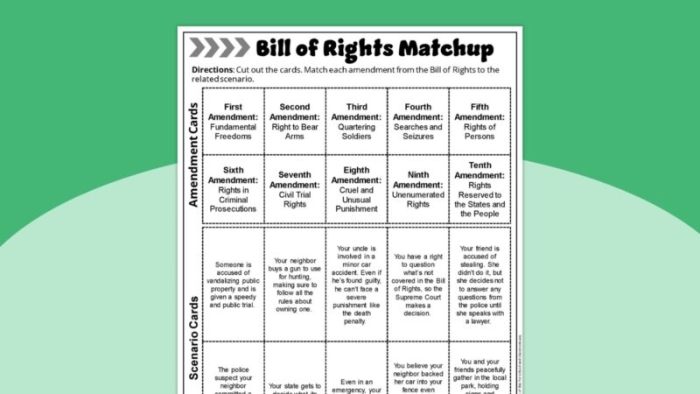 Worksheet featuring students illustrating the Bill of Rights concepts
