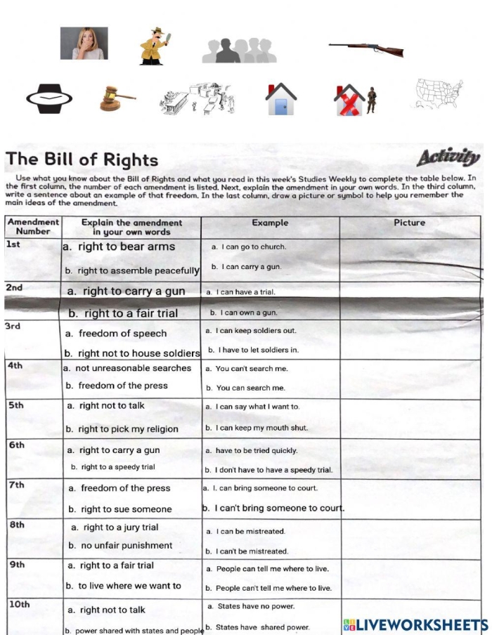 Illustrate the Bill of Rights with this engaging worksheet for fourth graders