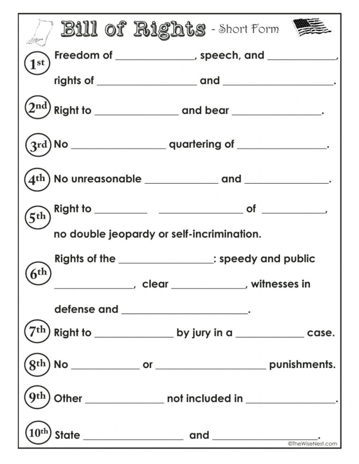 Fourth grade student worksheet featuring a blank space to illustrate the first ten amendments of the Bill of Rights