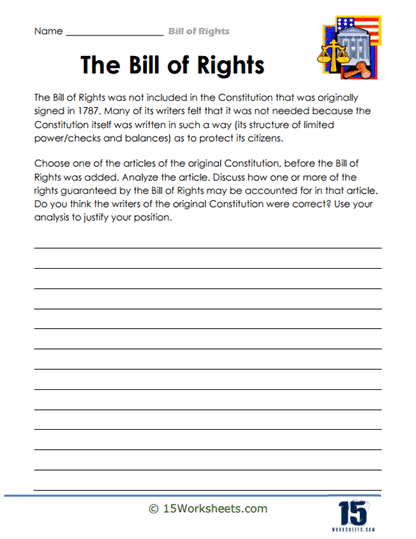 Fourth grade worksheet showing a creative drawing activity based on the Bill of Rights