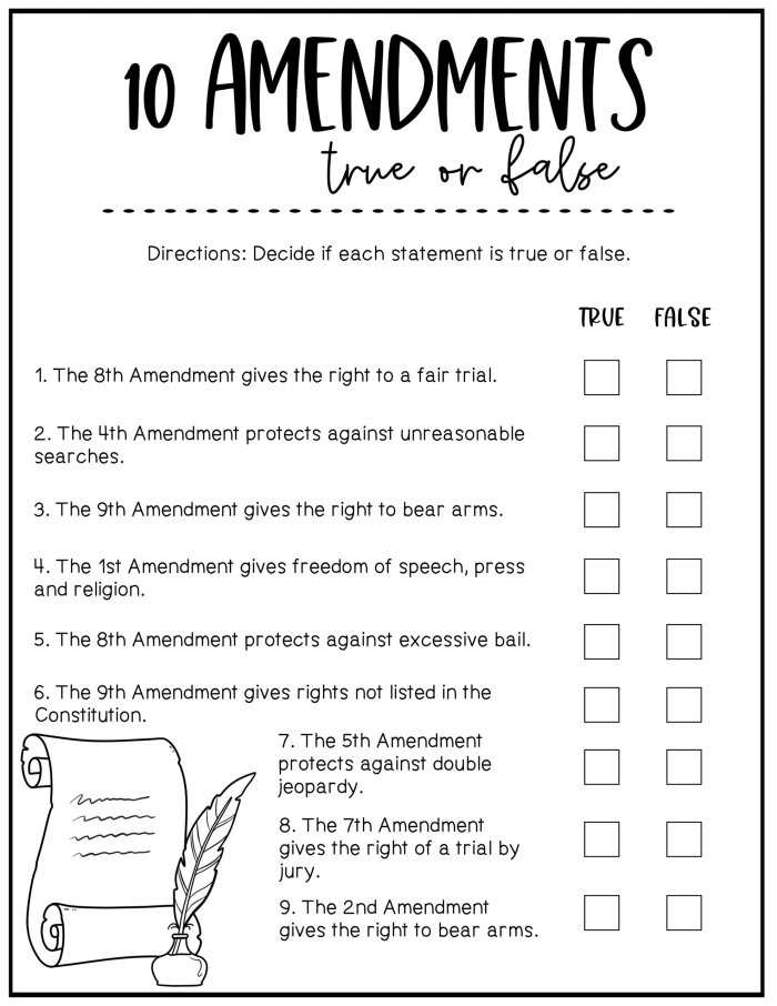 Fifth grade student completing a matching worksheet activity about the first ten amendments