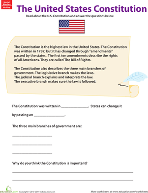 Fifth grade student completing a matching worksheet activity about the first ten amendments to the Constitution