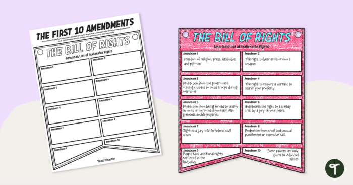 The First Ten Amendments: Description Match-Up worksheet for Fifth Grade