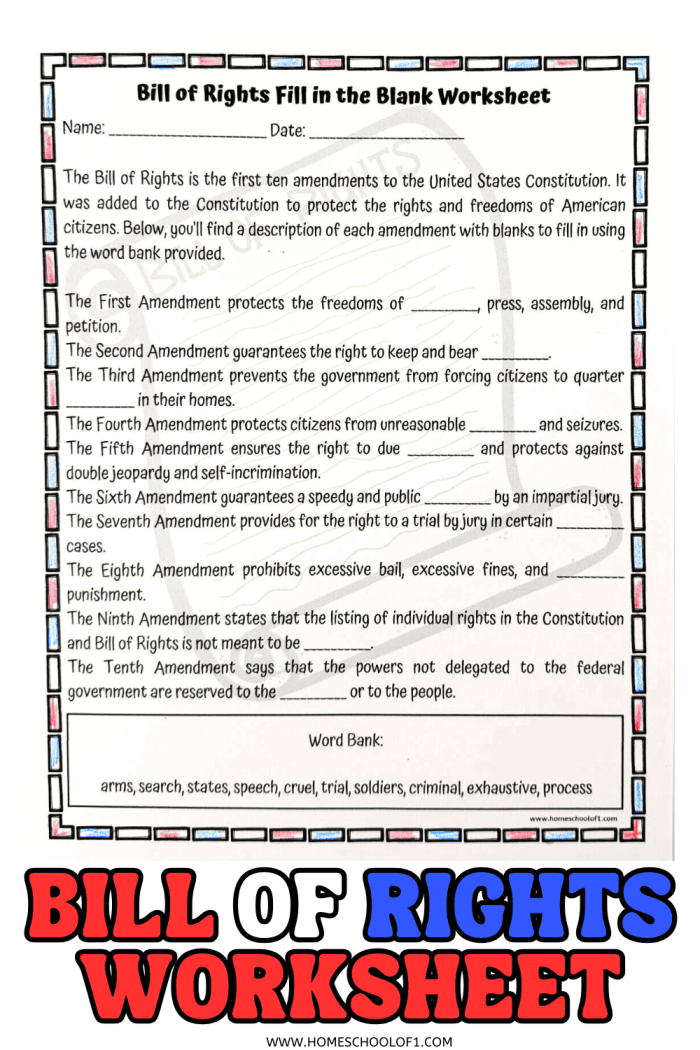 A sixth grade student worksheet featuring text and instructions for summarizing the first ten amendments of the Bill of Rights