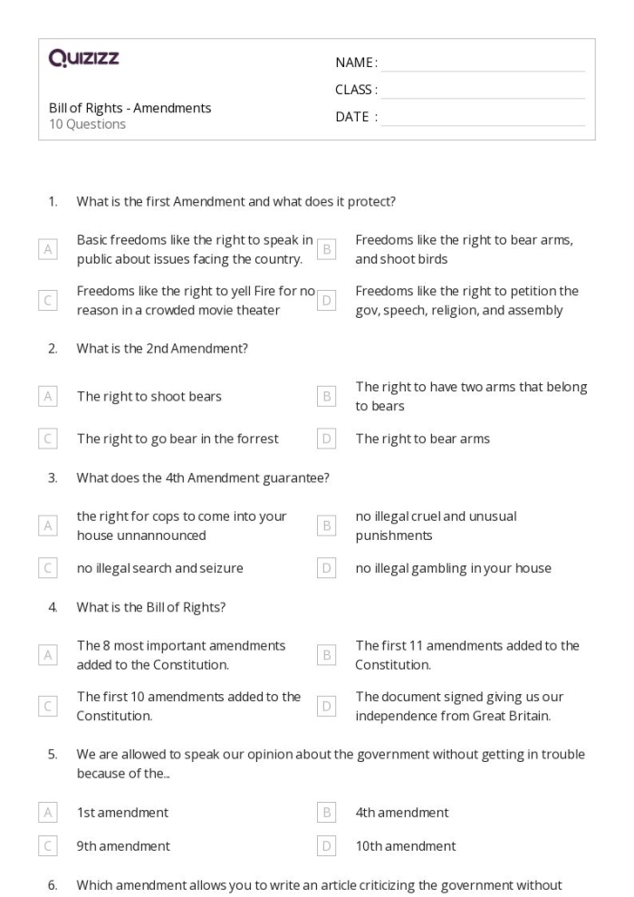 Sixth grade worksheet featuring a summary exercise for the first ten amendments of the Bill of Rights