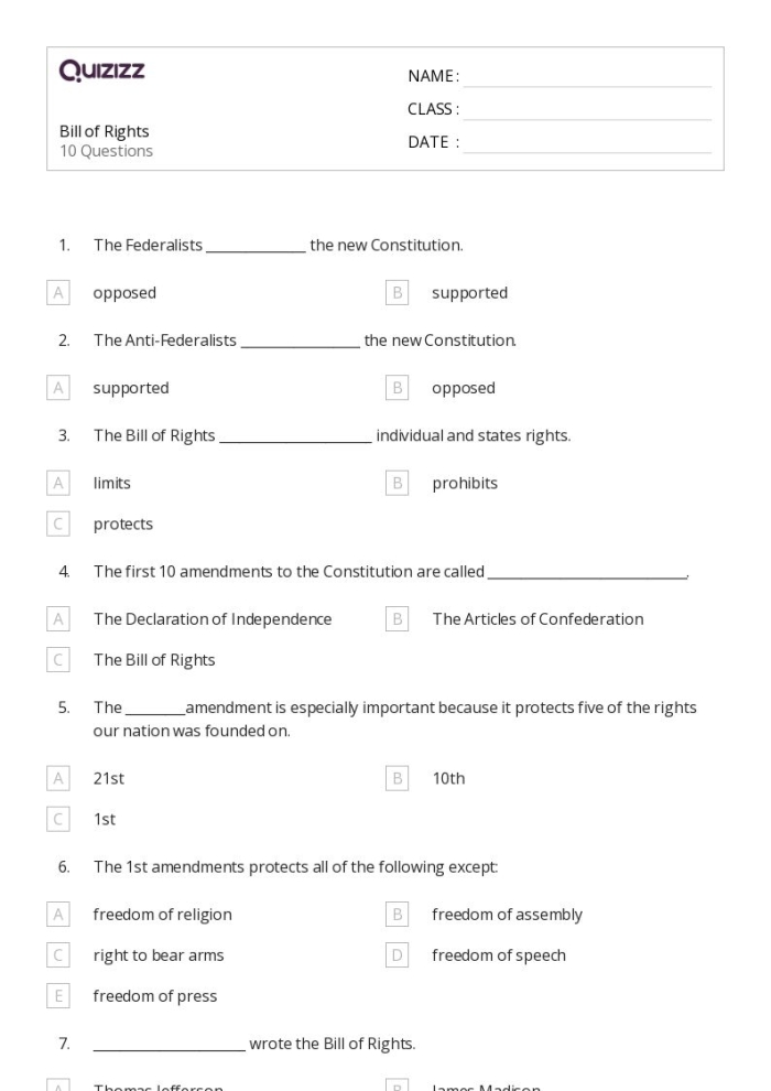 Sixth grade student worksheet for summarizing the first ten amendments of the Bill of Rights
