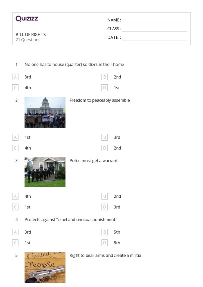 Worksheet featuring the Bill of Rights for students to summarize the first 10 amendments