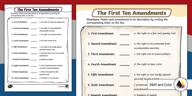 Sixth grade student worksheet featuring the Bill of Rights primary source text with blank spaces for summarizing the first ten amendments
