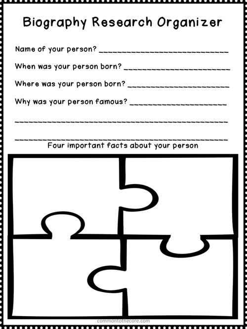 A third grade student's graphic organizer template for planning and researching a biography with sections for organizing information about a person's life