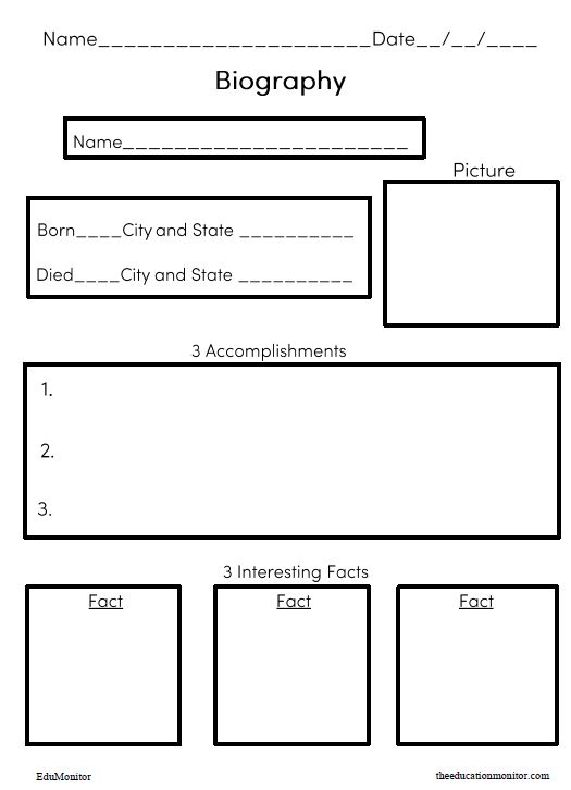 A third grade student uses a graphic organizer template to plan biography research with sections for organizing information about a person's life