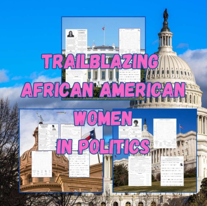 Third grade worksheet featuring African American female changemakers with fill-in-the-blank biography activities and pattern recognition exercises