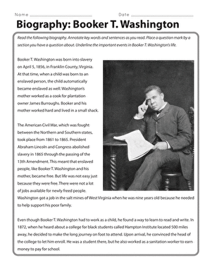 Biography worksheet featuring Booker T. Washington for fourth graders