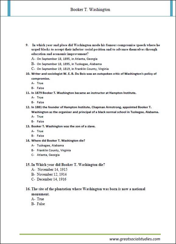 Biography worksheet featuring Booker T. Washington for fourth graders to enhance their understanding. Engaging prompts help students reflect on Washington's life and contributions.