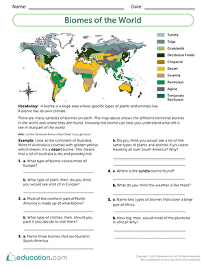 World Biomes Reference Map for Worksheet Activities Map showing the distribution of terrestrial biomes across continents for fourth grade geography study