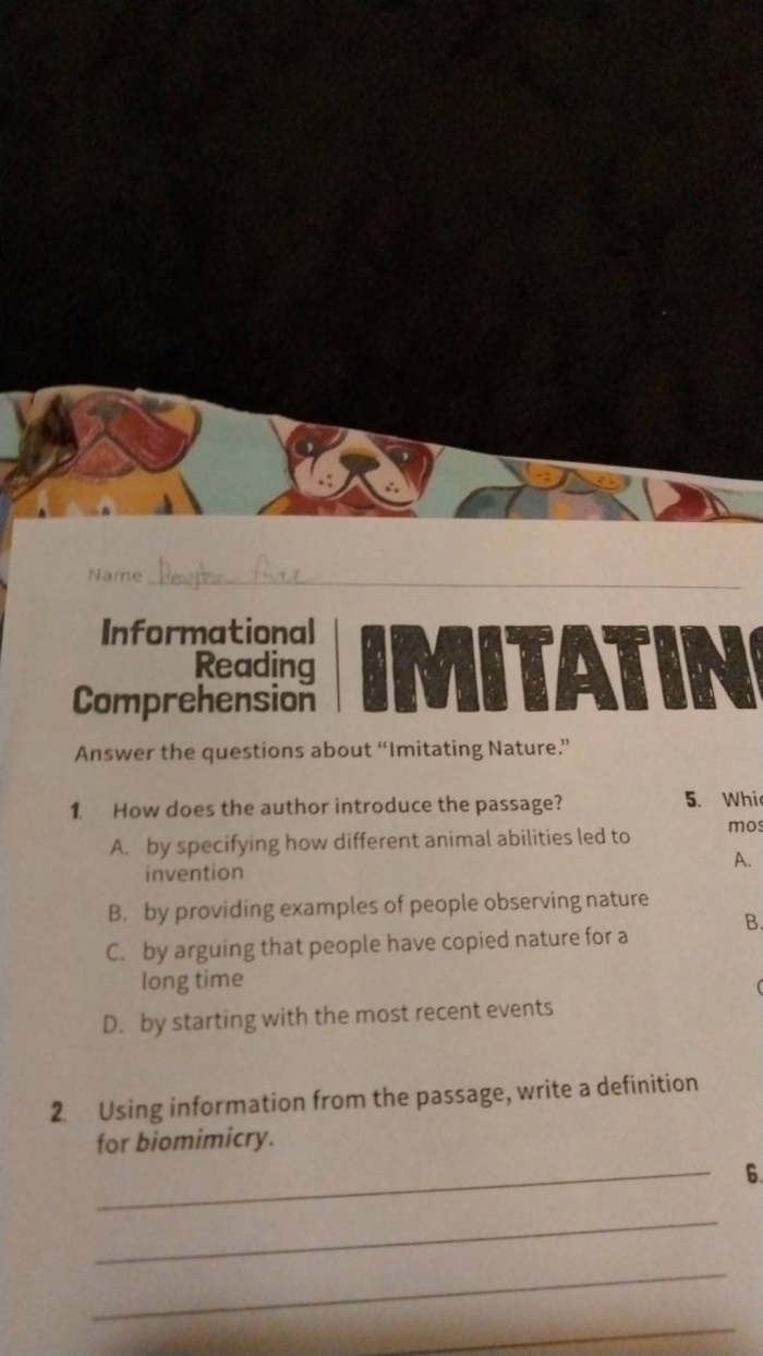 Informational reading comprehension worksheet for sixth grade featuring a biomimicry lesson about nature and technology