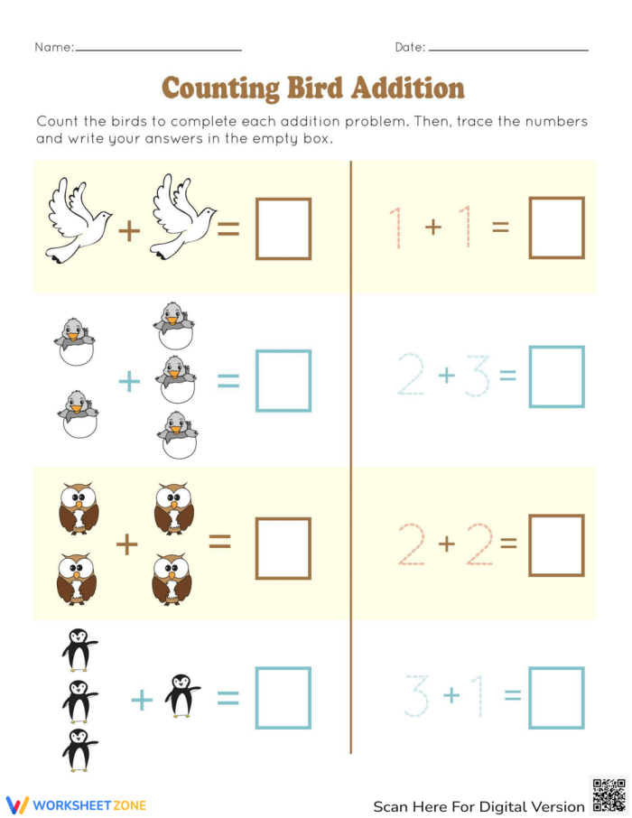 Bird Subtraction Worksheet for Kindergarten Learners Young children engaging in bird-themed subtraction exercises on a colorful worksheet
