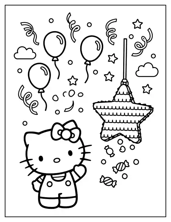 Pre-K student coloring a festive pinata worksheet filled with candy illustrations