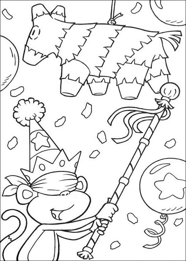 Coloring worksheet featuring a colorful piñata and candy for birthday fun