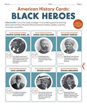 Illustration of the Black Heroes worksheet featuring 42 cut-out cards for teaching American history. Educational resource for fifth graders highlighting inspiring Black American figures.
