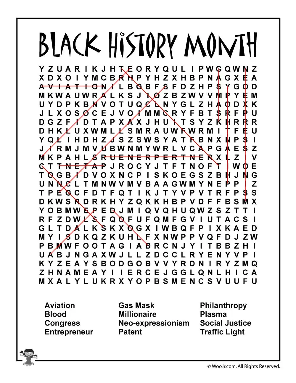 Engaging word search activity to inspire learning about equality and important historical figures Black History Month Word Search worksheet for fourth graders featuring key terms related to African-American history