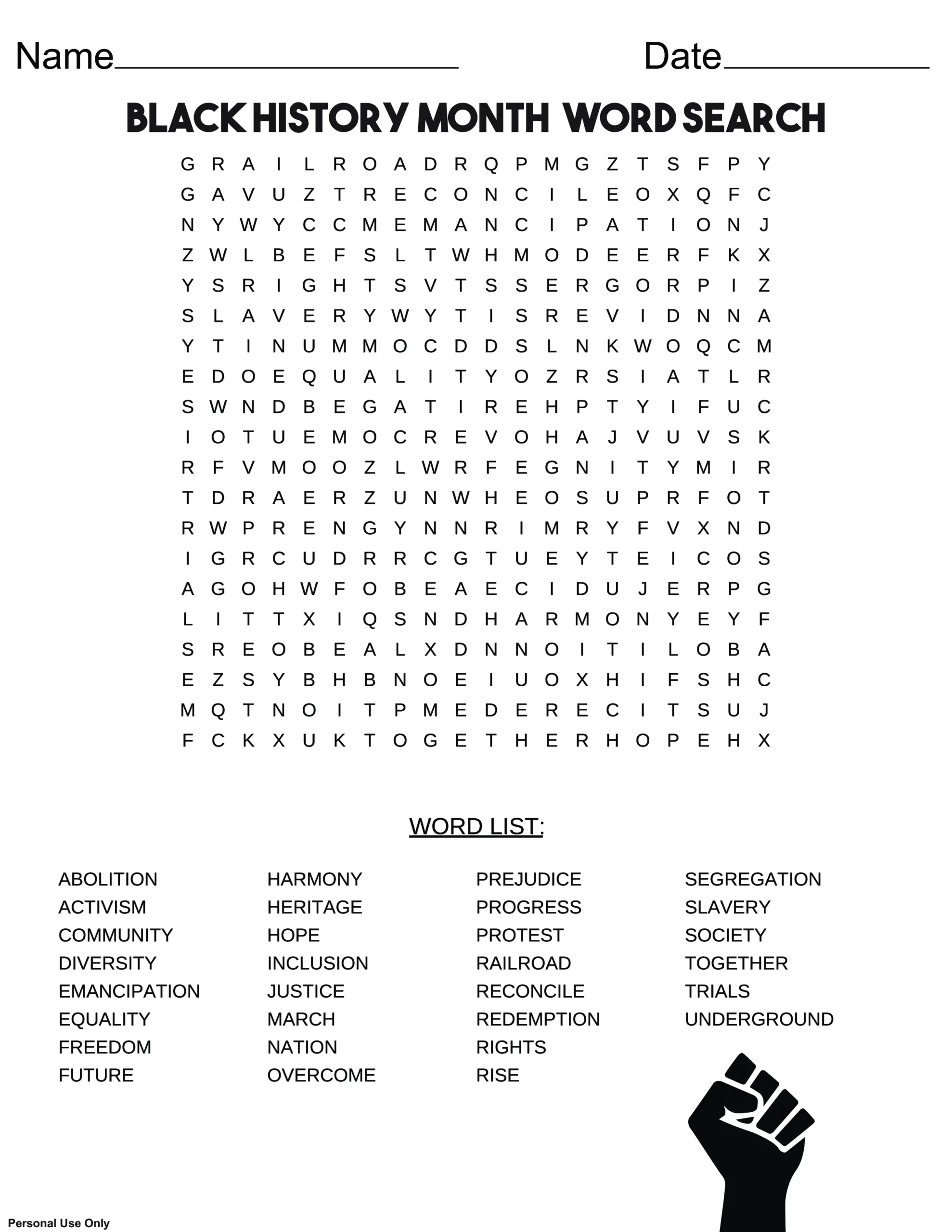 Earth and Space Science worksheet for Fourth Grade Black History Month Word Search worksheet featuring key terms related to African-American history and equality. Educational resource for fourth graders to explore important concepts during Black History Month.